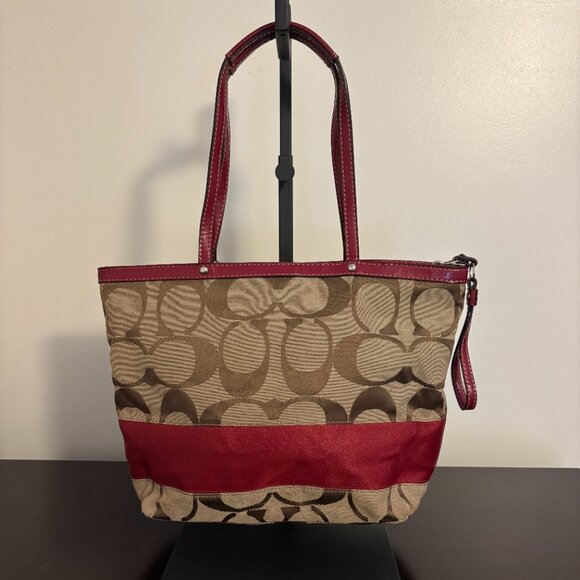 Coach Signature Khaki Red Stripe Red Patent Leather Medium Tote - Picture 3 of 11